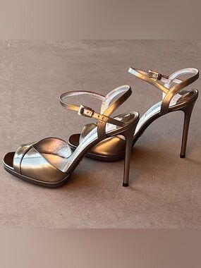 Prada Metallic Leather Platform Sandals Pewter Gold Stiletto Heels 38